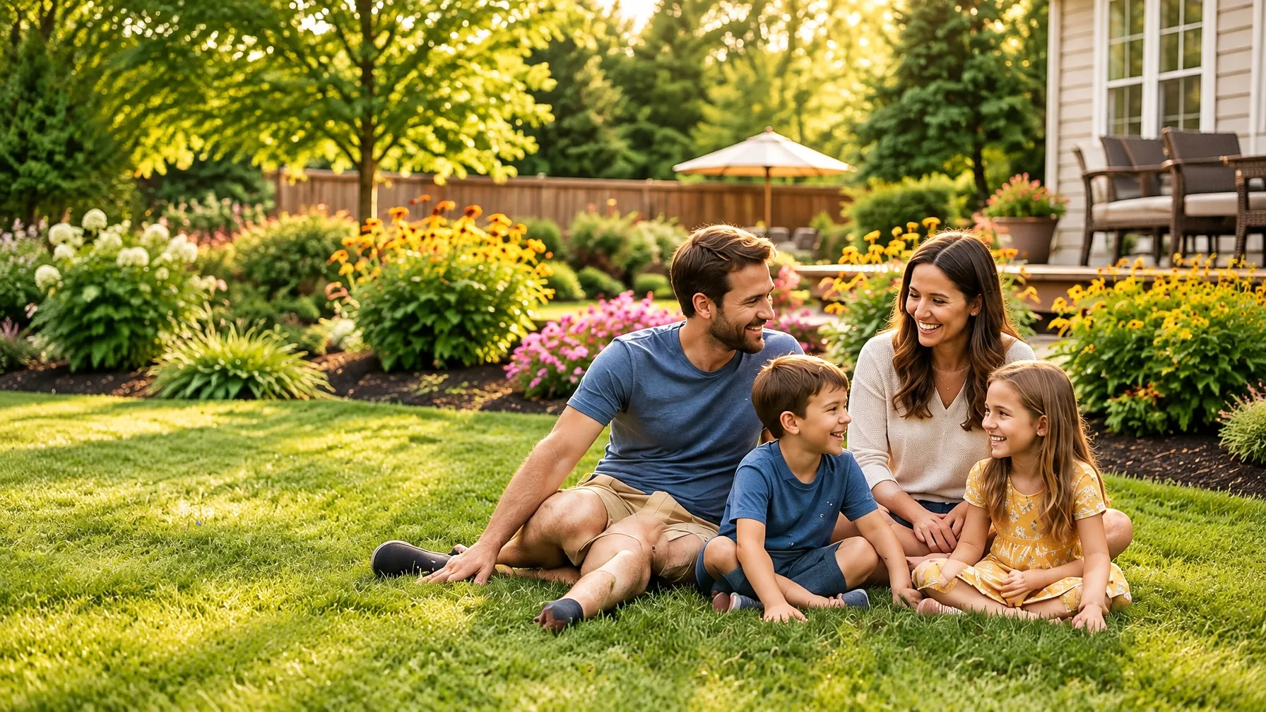 Family enjoying a sunny afternoon together in a tidy, landscaped backyard